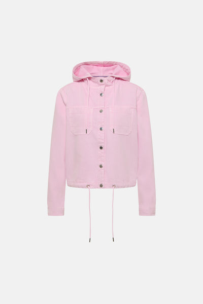 Korte roze spijkerjas van CECIL, met capuchon en trekkoord aan de onderkant.