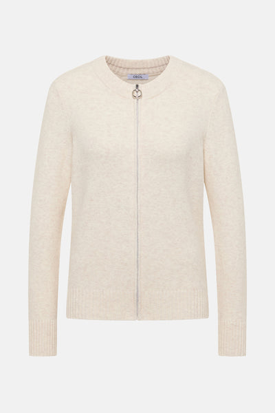 Cardigan écru de CECIL, avec fermeture éclair argentée sur un tricot doux et uniforme.