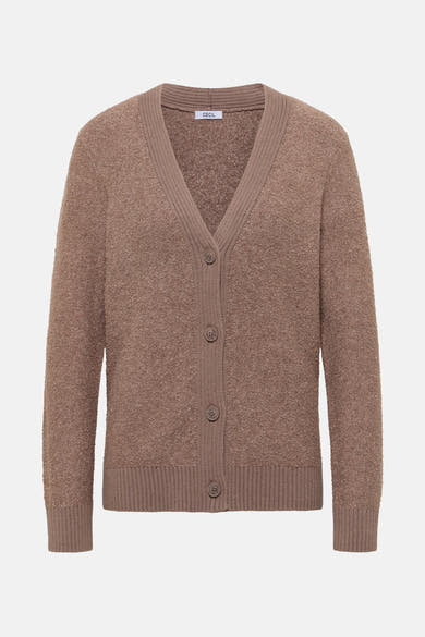 Bruine CECIL-cardigan, in een getextureerde breisel met knoopsluiting aan de voorkant.