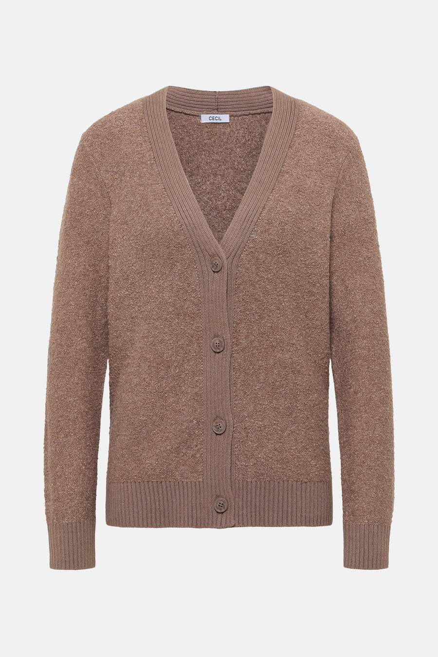 Bruine CECIL-cardigan, in een getextureerde breisel met knoopsluiting aan de voorkant.