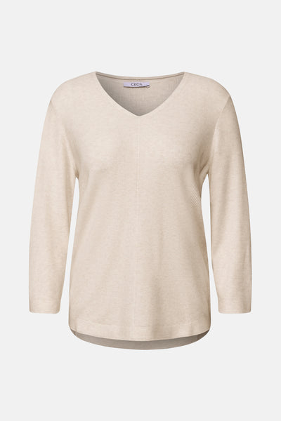 Pull à col en V beige de CECIL, avec une texture gaufrée discrète et une coupe décontractée.