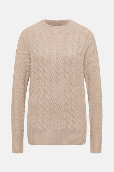 Beige gebreide trui van CECIL, met kabelpatroon en chevronstructuur.