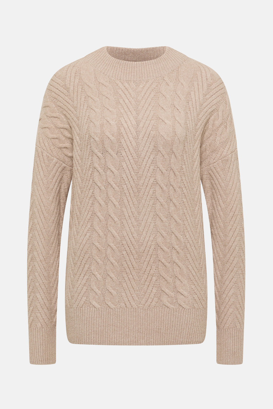 Beige gebreide trui van CECIL, met kabelpatroon en chevronstructuur.