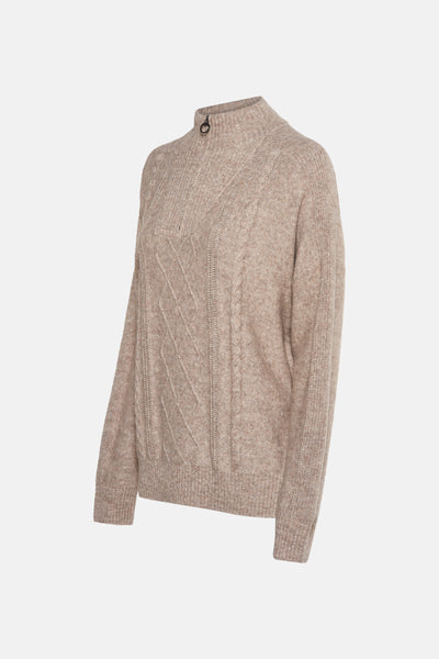 Pull taupe en maille torsadée de CECIL, avec fermeture à glissière courte au col montant.