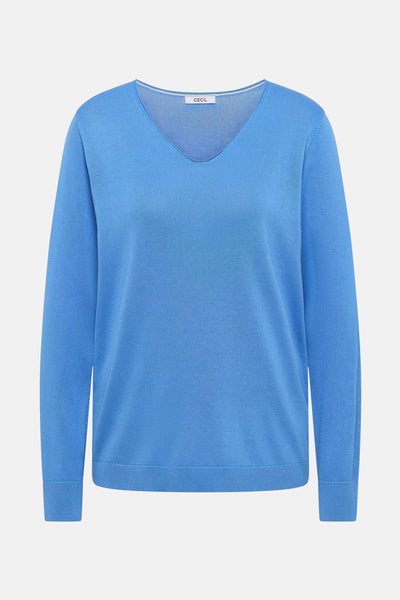 V-hals trui van CECIL in blauw, van fijne, effen ribgebreide stof.