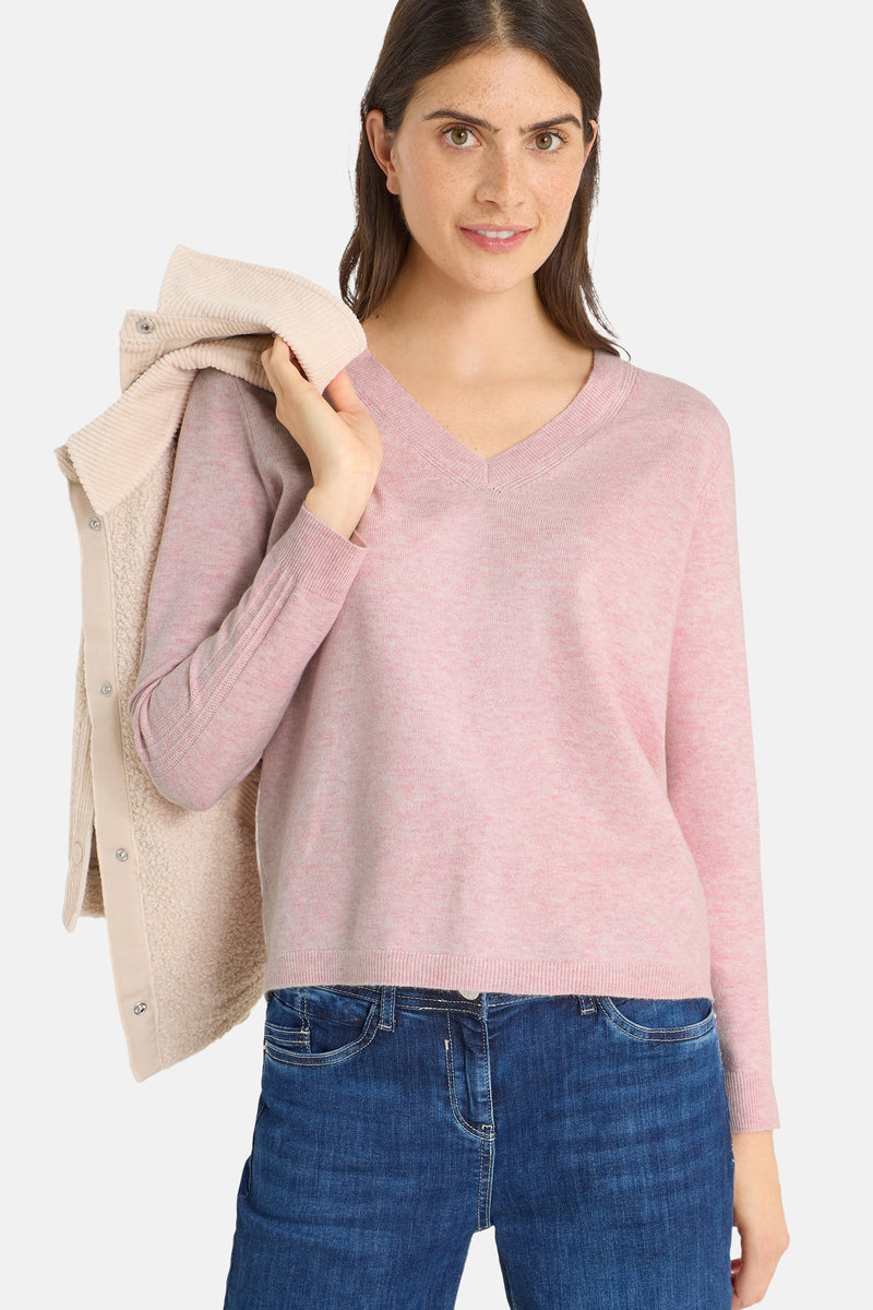 Roze pull met V-hals van CECIL, gedragen met een wijde blauwe jeans en een beige sherpa jas.