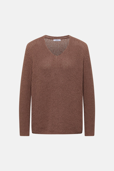 Pull col V brun de CECIL, en maille tricotée avec une texture légère et un motif chevron subtil.