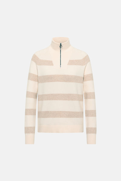 Pull beige en maille par CECIL, rayures horizontales crème et col montant zippé.