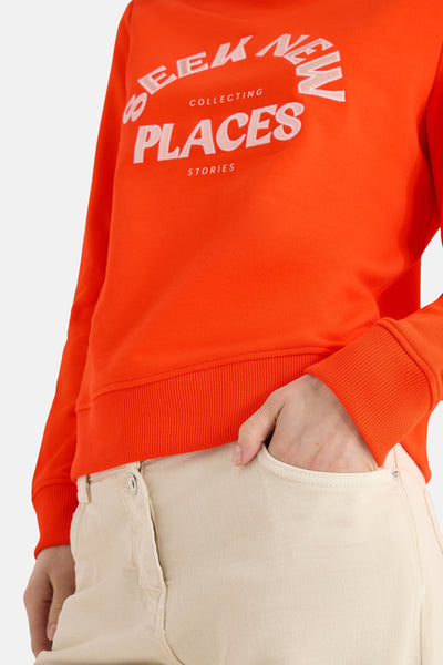 Oranje sweatshirt met ronde hals van CECIL, met geborduurd opschrift op de voorkant en lange mouwen.