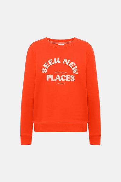 Oranje sweatshirt van CECIL met een witte boogvormige tekstprint en lange mouwen.