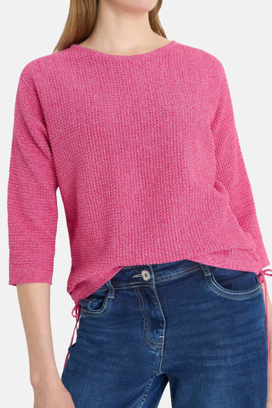 Pull rose en maille gaufrée par CECIL, avec manches trois-quarts et cordon de serrage à l'ourlet.
