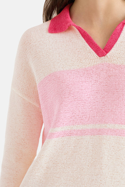 Multikleurige V-hals trui van CECIL, met roze strepen en lange mouwen.