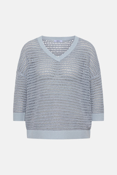 Light blue V-neck knit sweater by Cecil with openwork mesh pattern and ribbed cuffs and hem, front view