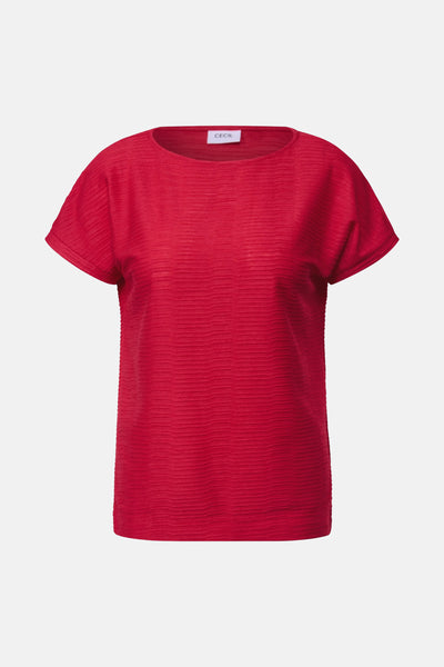 T-shirt rouge à manches courtes de CECIL, en texture côtelée horizontale.