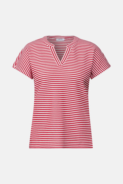 T-shirt à manches courtes rouge de CECIL, à rayures horizontales blanches, avec col en V.