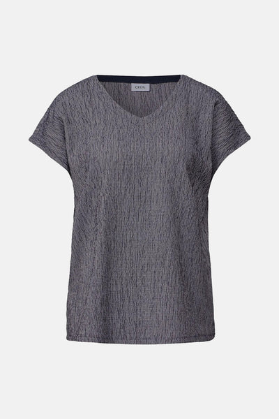 Blouse bleue à manches courtes de CECIL, avec une texture gaufrée et un col en V.
