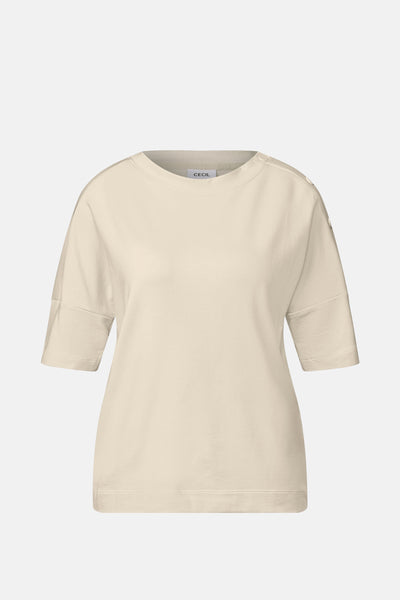 Beige T-shirt met korte mouwen van CECIL, met decoratieve knopen op de schouders.