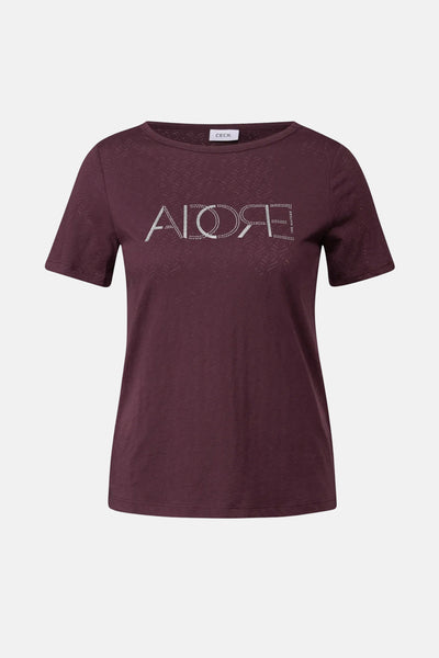 Bordeaux T-shirt met korte mouwen van CECIL, met print en strass-versierde opschrift.