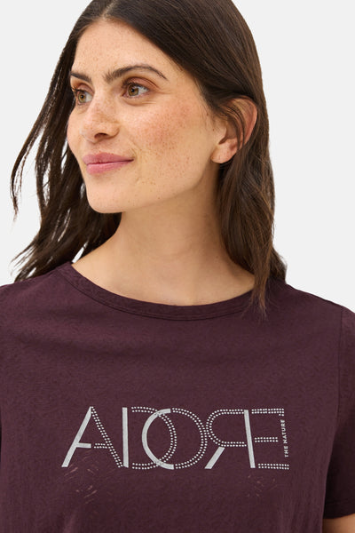 Bordeaux T-shirt met korte mouwen van Cecil, met grafische print.