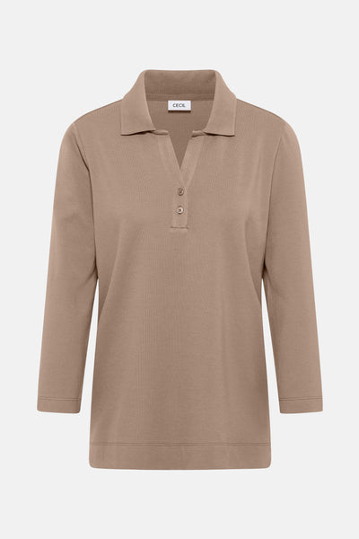 Taupe T-shirt met lange mouwen van CECIL, met een polokraag en twee zichtbare knopen.