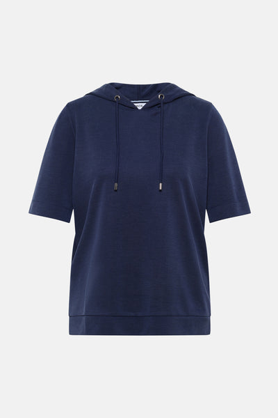 Blauwe hoodie van CECIL, met trekkoord en korte mouwen, op neutrale achtergrond.