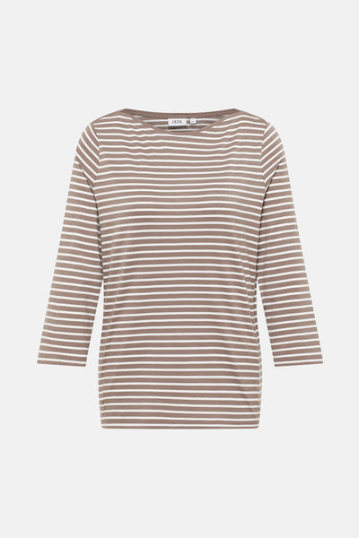 CECIL taupe gestreept T-shirt met lange mouwen, boothals en driekwartmouwen.