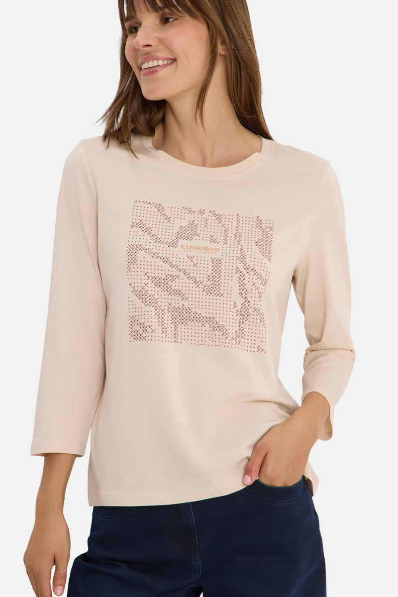 Beige T-shirt met lange mouwen van CECIL, met decoratief patroon en strass.