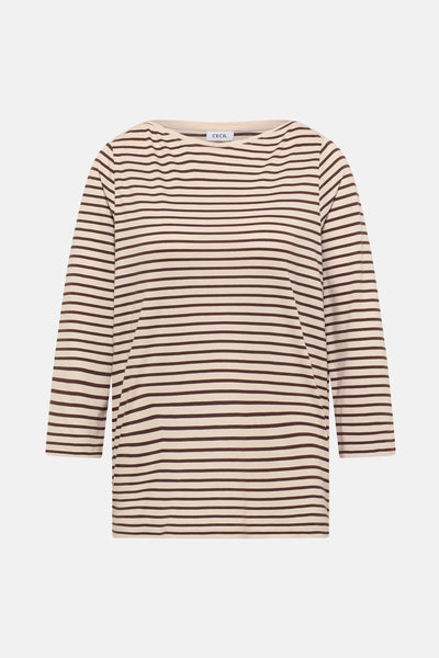 Multikleurig T-shirt met lange mouwen van CECIL, horizontaal gestreept in beige en bruin.