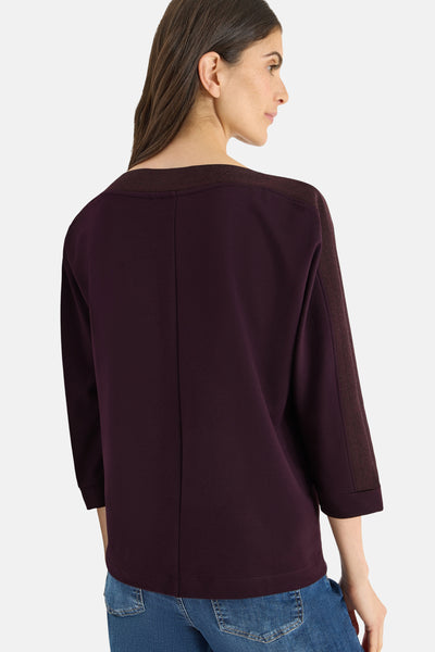 Bordeaux T-shirt met lange mouwen van CECIL, met getextureerde details op de schouders en driekwartmouwen.