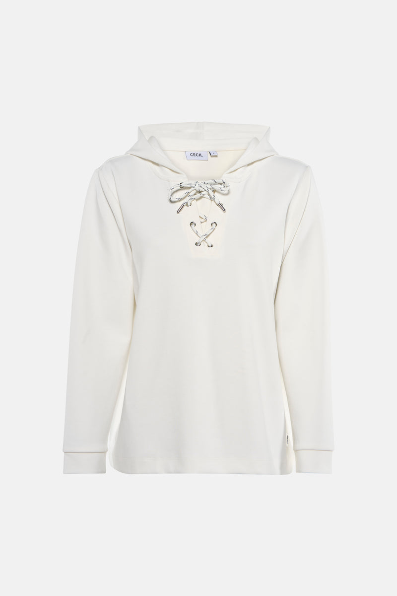 Witte hoodie van CECIL, met decoratief koord bij de halslijn en capuchon.