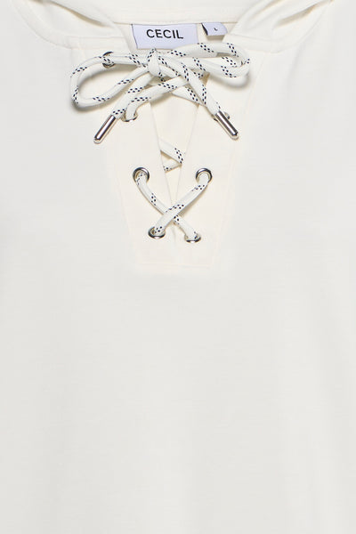 Witte hoodie van CECIL, met decoratieve vetersluiting en metalen oogjes.