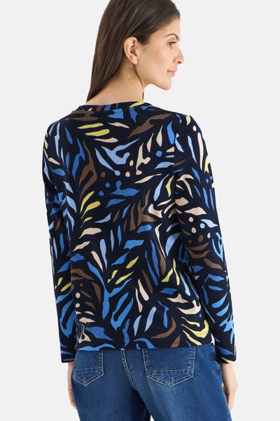 T-shirt à manches longues multicolore de CECIL, avec motif abstrait bleu, jaune et marron.