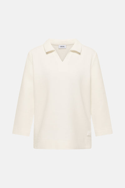 Wit poloshirt met lange mouwen van CECIL, in een getextureerde stof, met een klassieke kraag en driekwartmouwen.