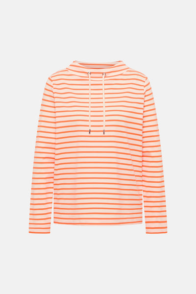 Multikleurig T-shirt met lange mouwen van CECIL, oranje en witte strepen, met trekkoord.