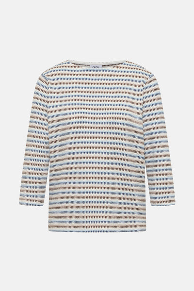 Multikleuren T-shirt met lange mouwen van CECIL, met blauwe, bruine en beige horizontale strepen.