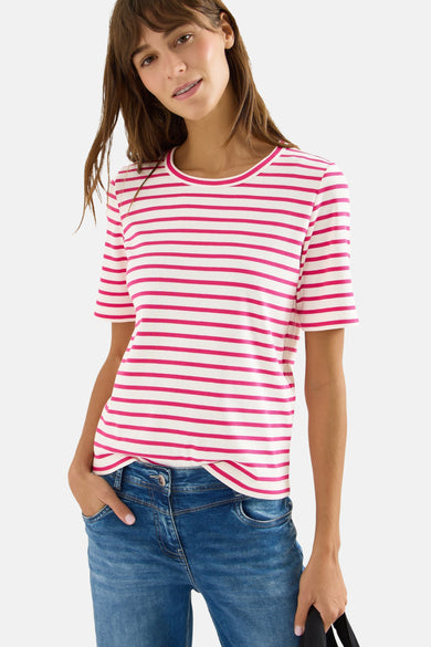 Multikleurig T-shirt van CECIL, roze en witte strepen, ribstof, korte mouwen, zichtbaar jeansdetail.
