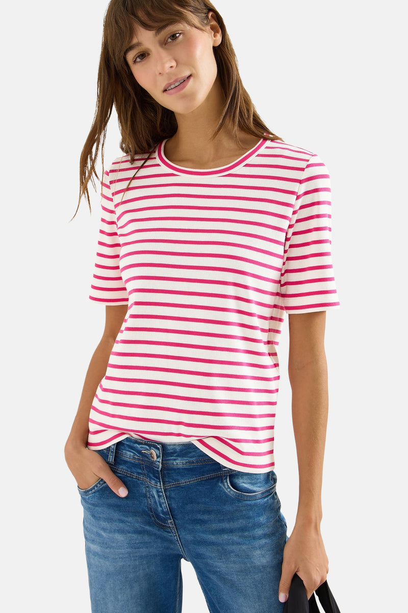 Multikleurig T-shirt van CECIL, roze en witte strepen, ribstof, korte mouwen, zichtbaar jeansdetail.