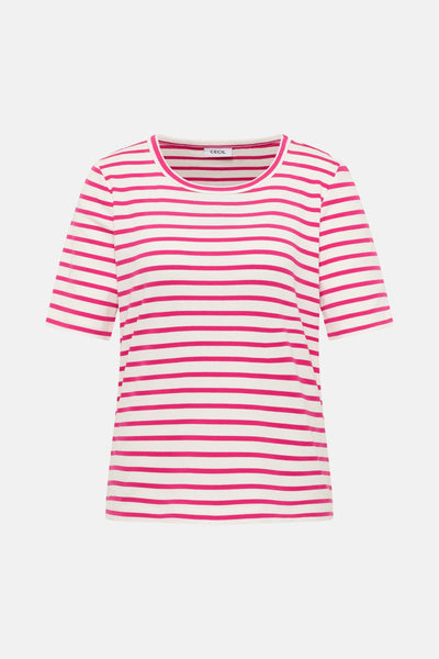 Gestreept T-shirt van CECIL in roze en wit, met geribbelde textuur en korte mouwen.