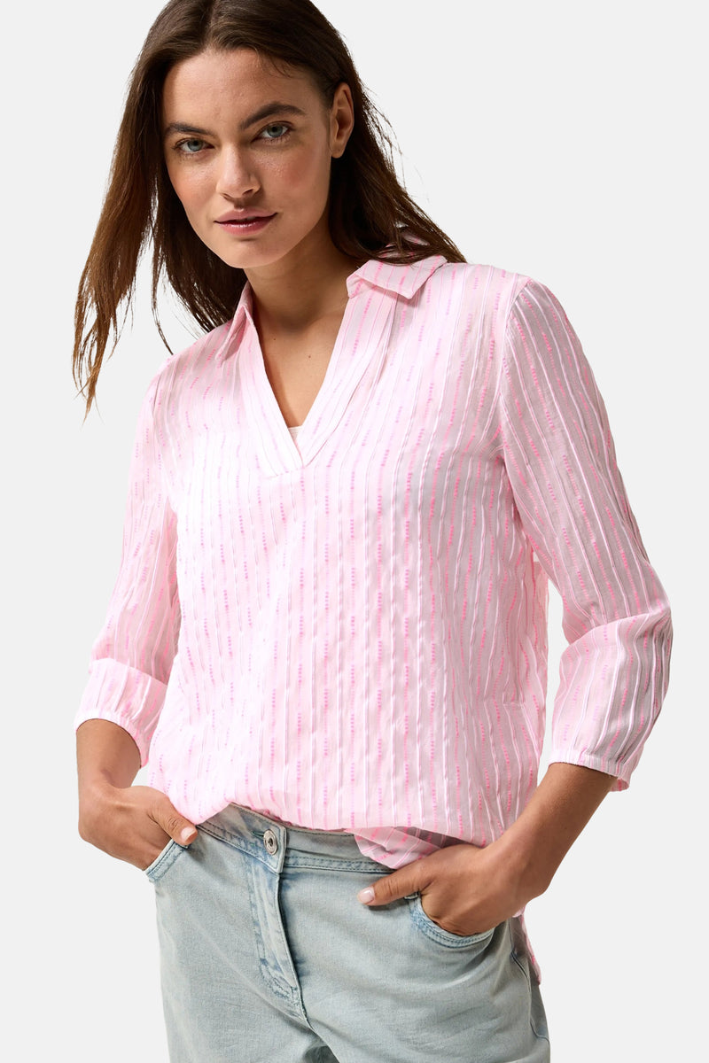 Roze blouse met lange mouwen van CECIL, met verticale strepen en driekwartmouwen.