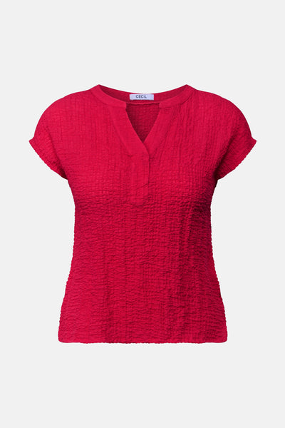 Blouse rouge à manches courtes de CECIL, avec texture gaufrée et encolure en V.
