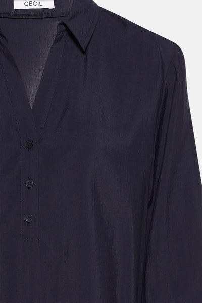 Blauwe blouse met korte mouwen van CECIL, met gedeeltelijke knoopsluiting en klassieke overhemdkraag.
