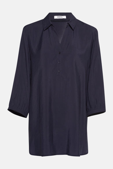 Blauwe blouse met korte mouwen van CECIL, met gedeeltelijke knoopsluiting en overhemdkraag.