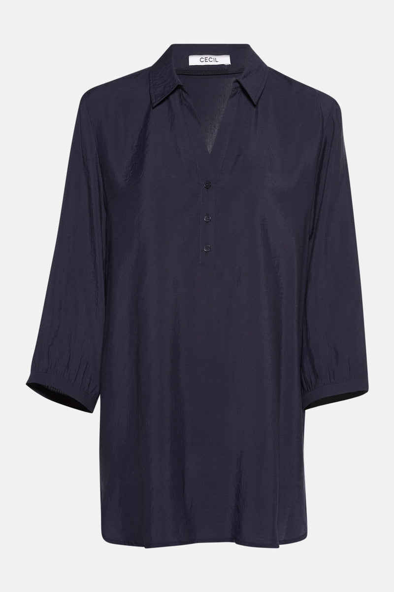 Blauwe blouse met korte mouwen van CECIL, met gedeeltelijke knoopsluiting en overhemdkraag.