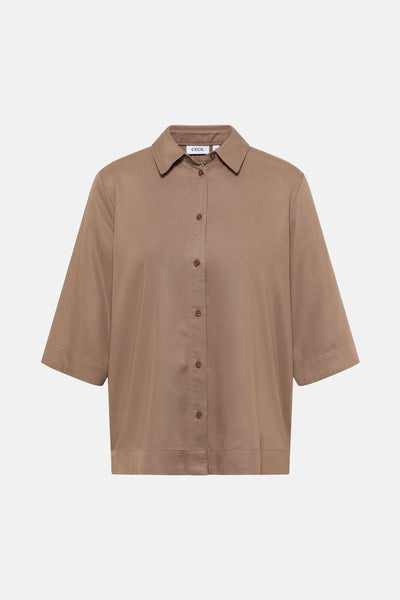 Taupe blouse met korte mouwen van CECIL, met knoopsluiting en klassieke kraag.