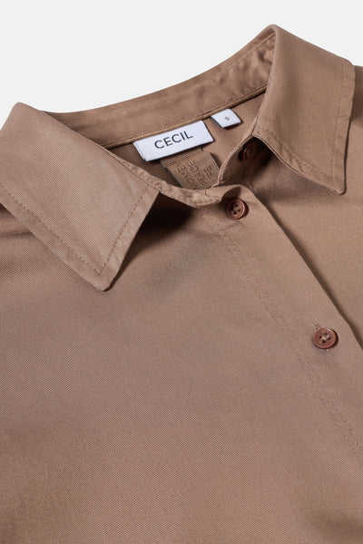 Taupe blouse met korte mouwen van CECIL, met kraag en bruine knopen.