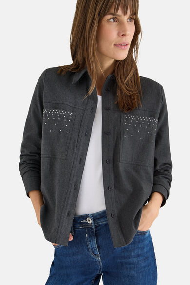 Grijze blouse met lange mouwen van CECIL met borstzakken versierd met strass en knoopsluiting.