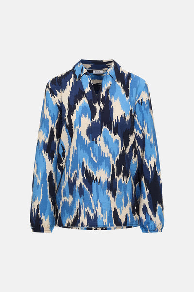 Meerkleurig blouse met lange mouwen van CECIL, met blauw en gebroken wit abstract patroon.