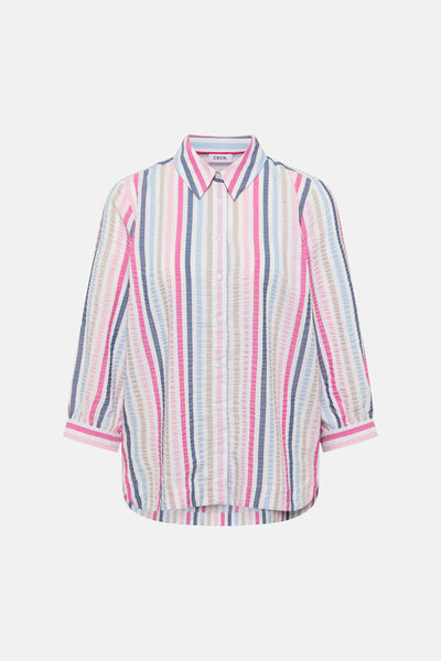 Multikleuren blouse met lange mouwen van CECIL, met verticale strepen en wafelstructuur.