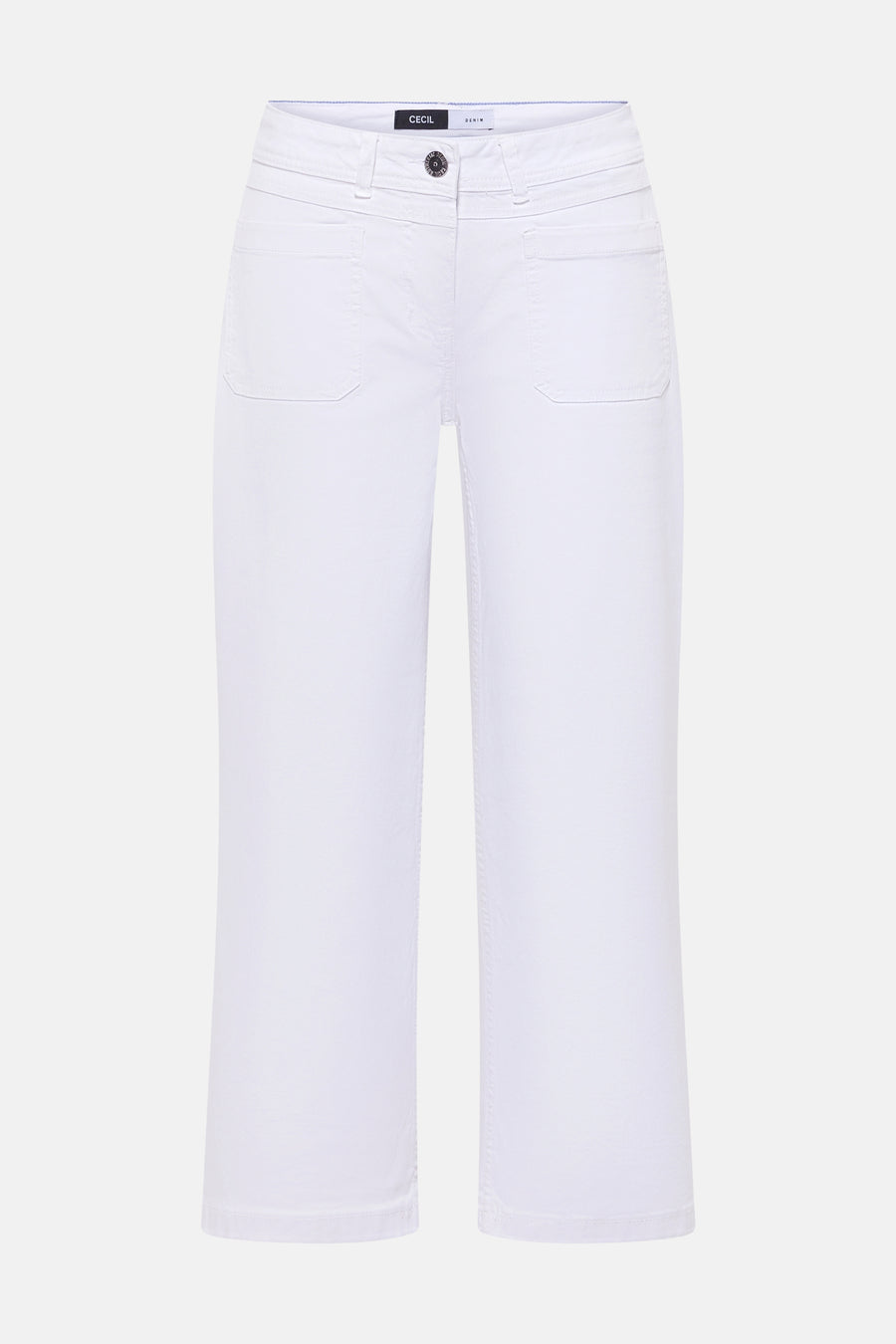 Jean droit blanc en denim de CECIL avec fermeture boutonnée, poches plaquées et jambes larges raccourcies.