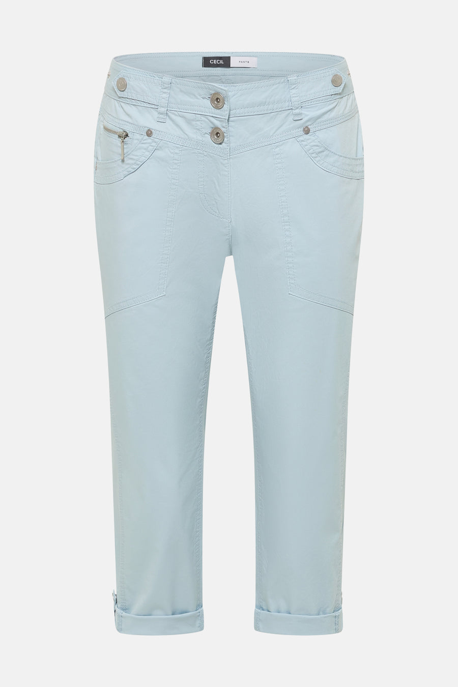 Pantalon cargo bleu clair de CECIL, coupe capri avec revers, poches plaquées et détail zippé.